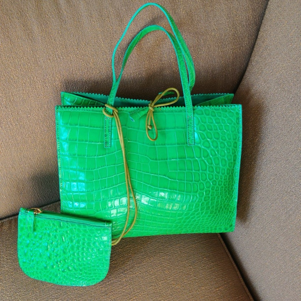 Suarez Vibrant Green Crocodile-Embossed Tote and Pouch